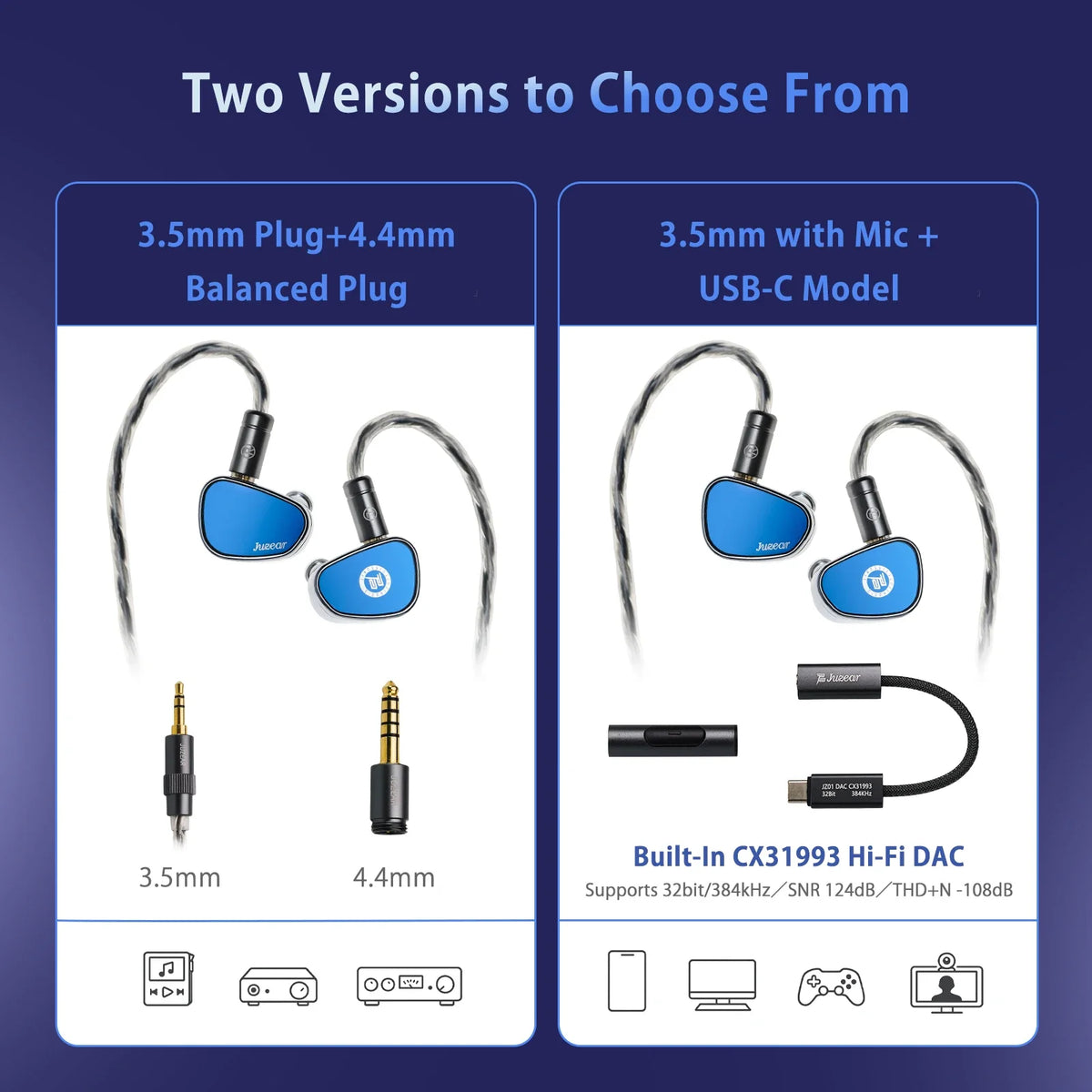 JUZEAR Nimbus HiFi IEM Dynamic In-ear Earphone 3 Tuning Nozzles 3.5+4.4mm/ 3.5mm+Type-C Mic Gaming Headphone Music Earbuds
