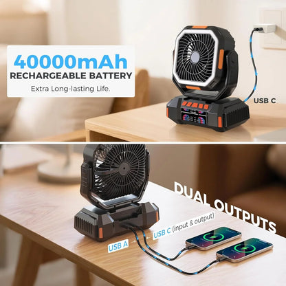 40000mAh Camping Fan Rechargeable Desktop Portable Air Circulator Wireless Ceiling Electric Fan with Power Bank LED Lighting