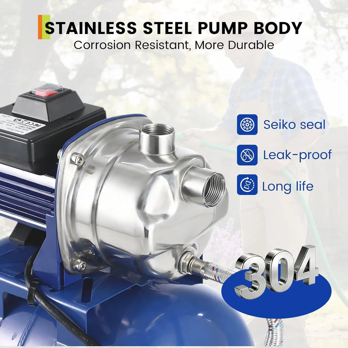 1.6HP Stainless Steel Shallow Well Jet Pump with Pressure Tank – 1320 GPH, 115V, 164 ft Lift, Automatic Water Booster for Home / Farm / Garden (Blue)