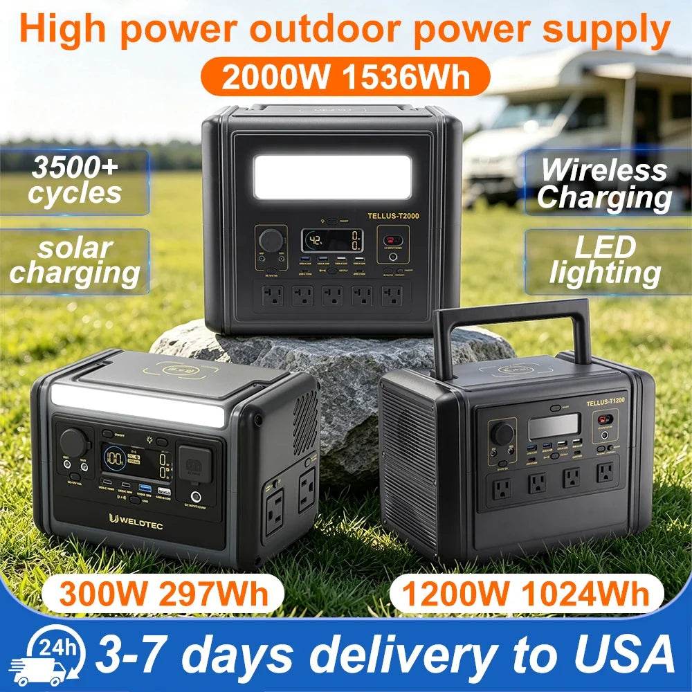 GSIKE Portable Power Station LiFePO4 Solar Generator Pure Sine Wave 110V AC Outlet 300W 1200W 2000W Option for Camping RV Home Blackout Emergency Backup