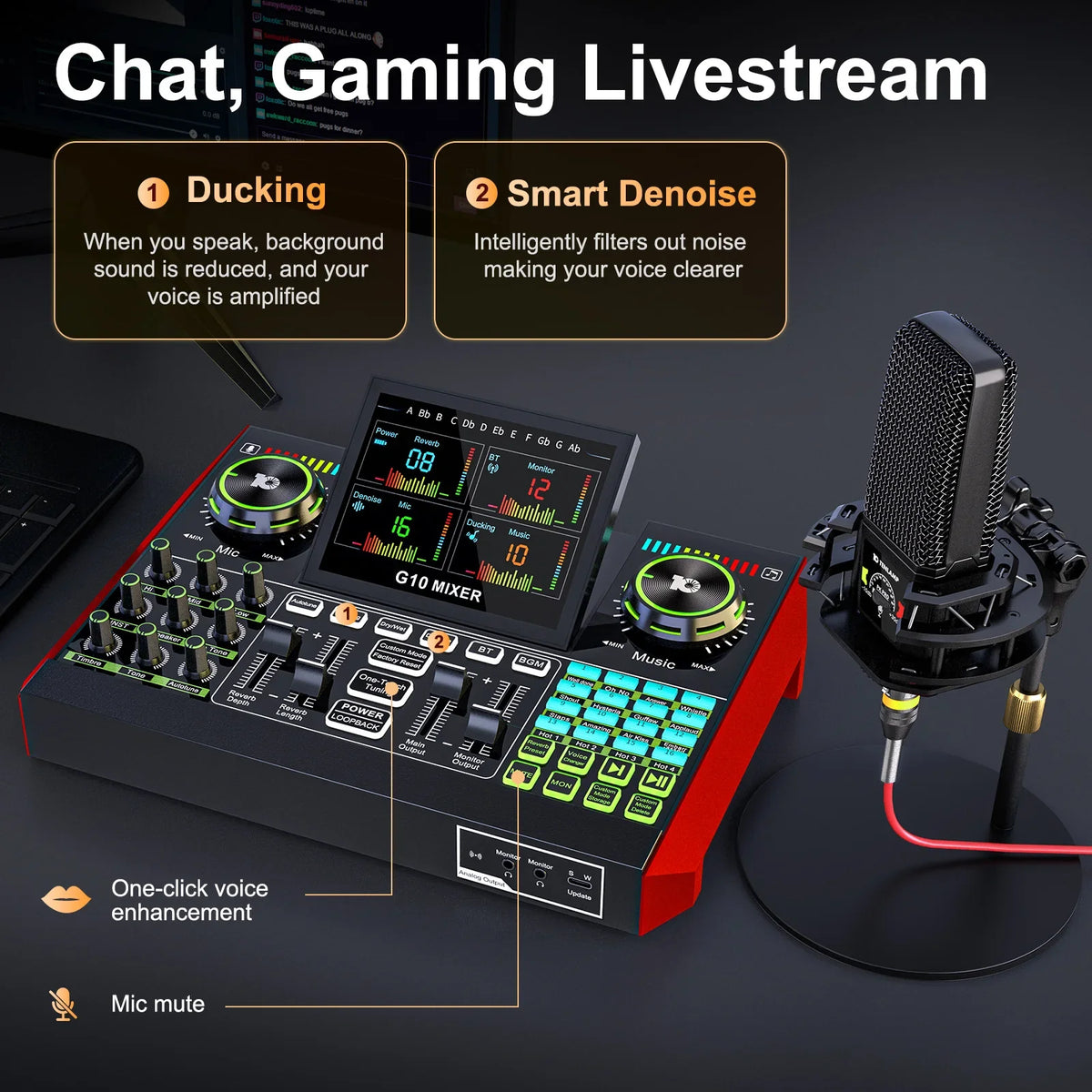 Tenlamp G10 Podcast Equipment Bundle 6 Channel with 3.5mm Microphone and Live Sound Card,RGB Streaming with XLR Gaming Audio Interface Professional Mixer for Podcasting, Influencers, Kols, Singing, Gaming, And Djing