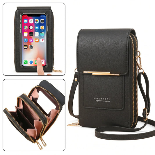 RFID Blocking Touch Screen Cell Phone Bag Women Mini PU Leather Lightweight Card Holder Crossbody Shoulder Bag Adjustable Strap