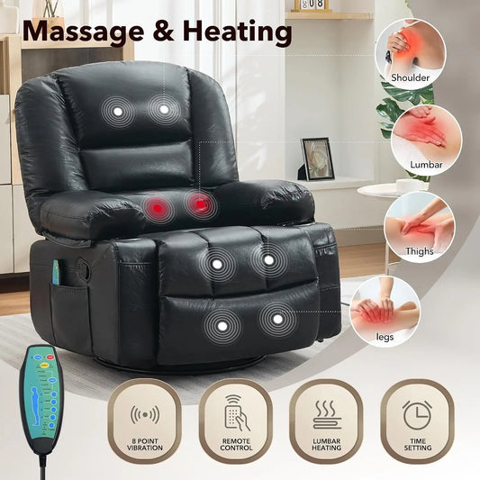 Oversized Recliner Chair, Massage Chair, 360 Swivel, Heat, USB,350 LB Capacity, 8-Point Vibration, Lumbar Heat, 145° Recline, 2 Cup Holders, USB Port, Side Pocket And Retractable Footrest