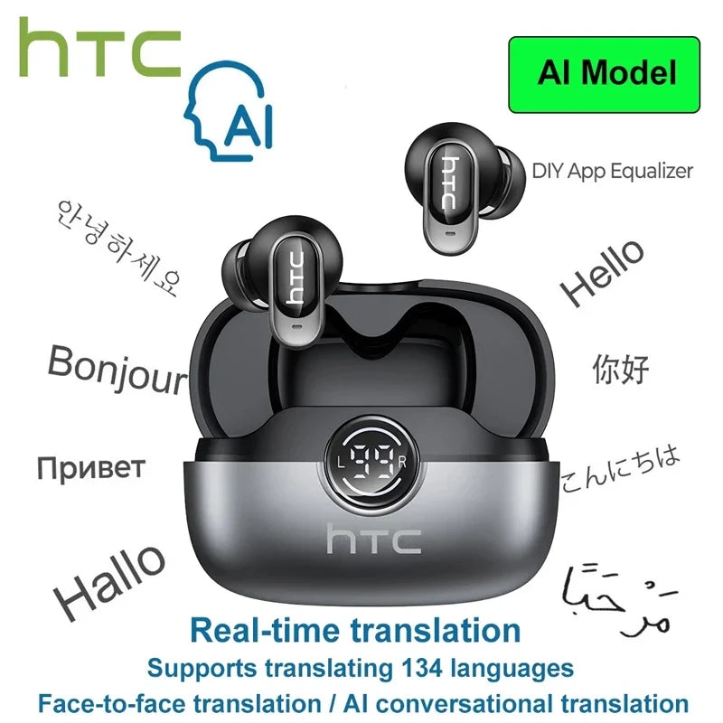 HTC NE79 Real Time Translation Earphone Bluetooth HiFi Music HD Call Noise Reduction Wireless Earbud LED Display With Mic