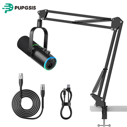 Pupgsis Dynamic Podcast Microphone for Studio, Cardioid XLR/USB Mic, AI Noise Cancellation, Mute Button, 3.5mm Headphone Jack for Monitoring, Volume Control, Microfono with Boom Arm