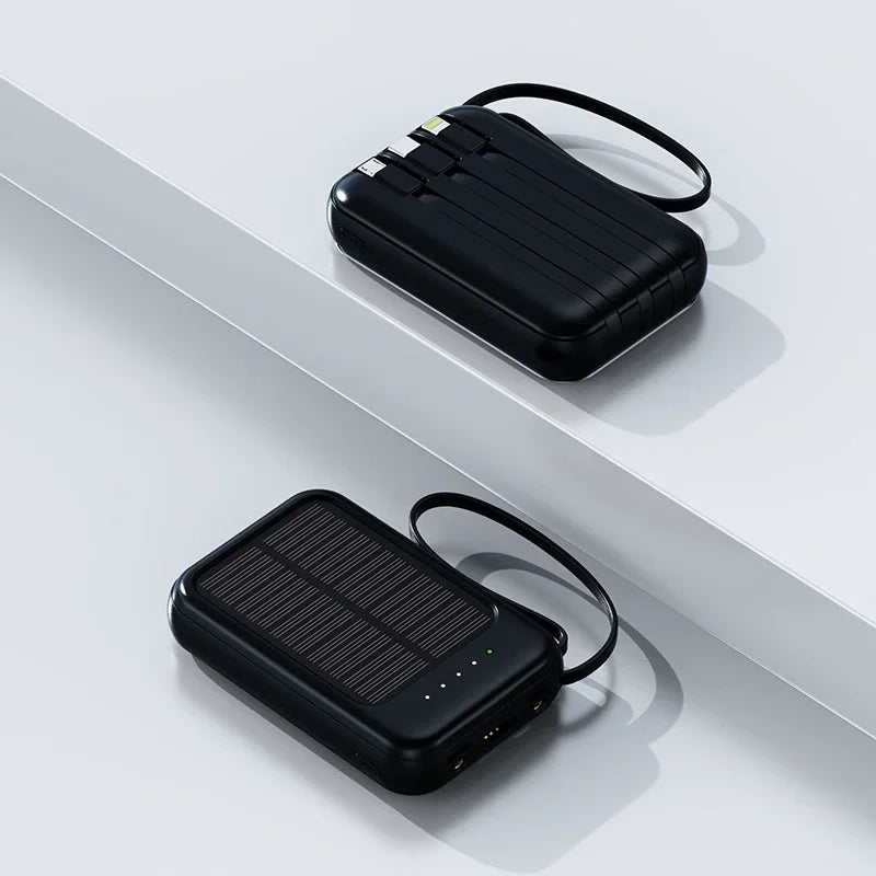 Solar Power Bank Built in Cables Portable Charger External Spare Battery Mini Powerbank with LED Light for IPhone Xiaomi Huawei