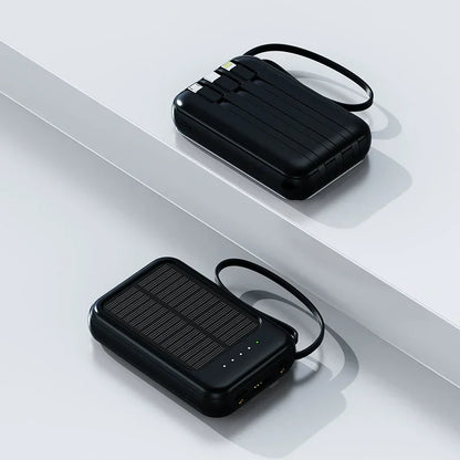 Solar Power Bank Built in Cables Portable Charger External Spare Battery Mini Powerbank with LED Light for IPhone Xiaomi Huawei