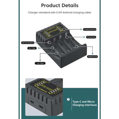 AA/AAA Battery Charger 4 Slots Intelligent LED Indicator USB C Micro Charger for Ni-MH/Ni-Cd Rechargeable AA/AAA Battery Charger