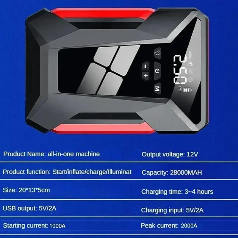 28000mAh Car Jump Starter Air Pump Multi-Function4In1 Air Compressor Power Bank Car Battery Starter Starting Auto Tyre Inflator