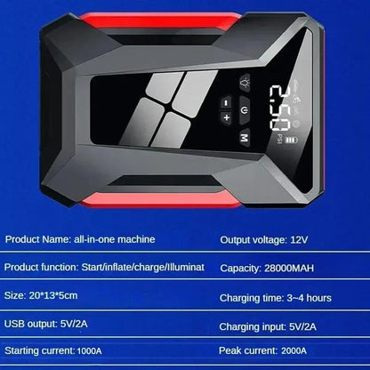 28000mAh Car Jump Starter Air Pump Multi-Function4In1 Air Compressor Power Bank Car Battery Starter Starting Auto Tyre Inflator