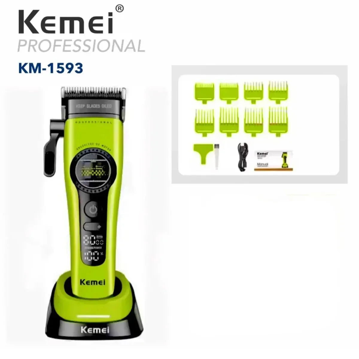 Kemei 1593 Barber Professional Hair Clipper Rechargeable Trimmer Electric Hair Cutting Machine External Rotor Brushless Motor