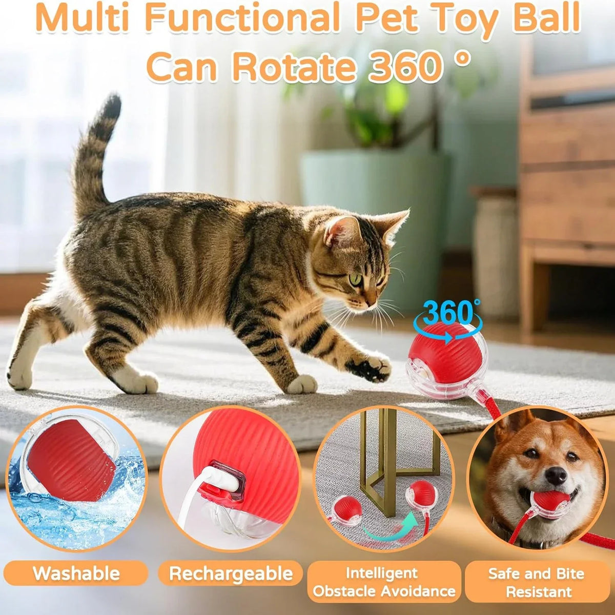 iLMH Cat Interactive Ball Toy Automatic Rolling Ball Faux Tail Rechargeable Smart Pet Electric Toy Pet Training Imitate Mouse