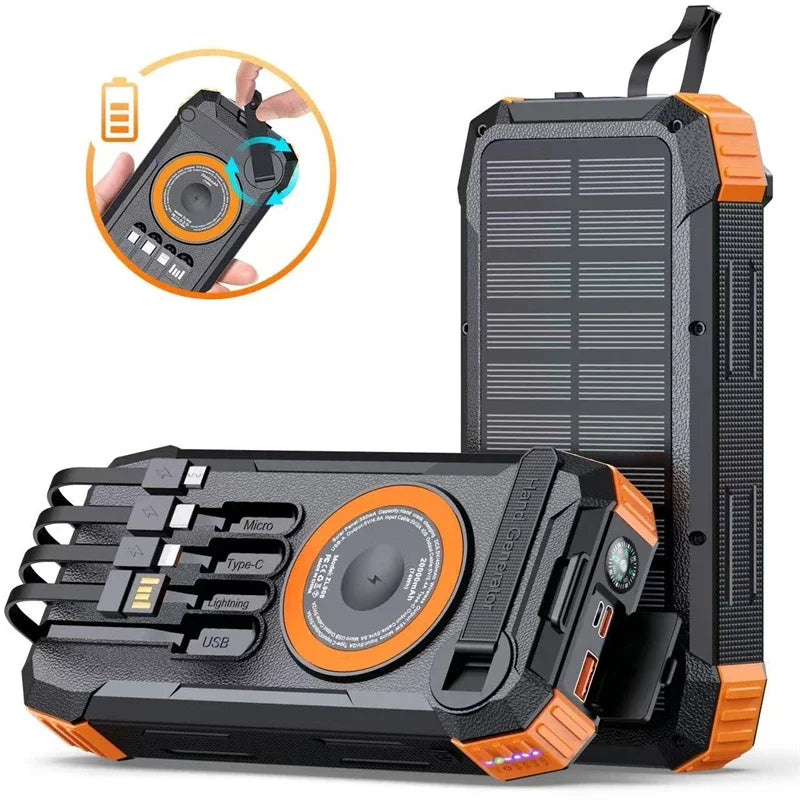 30000mAh Hand Crank Solar Power Bank Magnetic Wireless 22.5W Fast Charging for Airpods iWatch for iPhone 16 Powerbank with Light