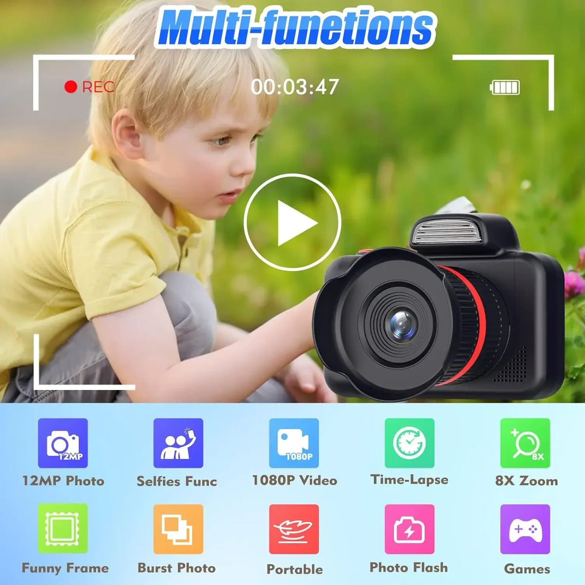 Kids Camera Toys Flash 1080P Photo Video Mini Camera 2.0 Inch Screen Long Lens Zoom Child Digital Camera Birthday Festvial Gifts