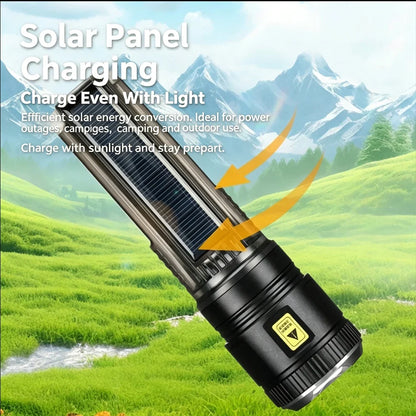 High Power LED Flashlight With Side Light Solar Powered Hand Lantern USB Rechargeable Strong Torch For Outdoor Camping Fishing