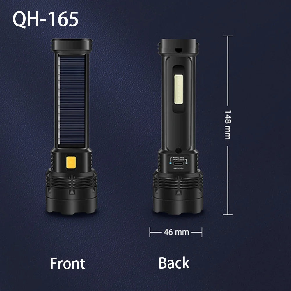 High Power LED Flashlight With Side Light Solar Powered Hand Lantern USB Rechargeable Strong Torch For Outdoor Camping Fishing