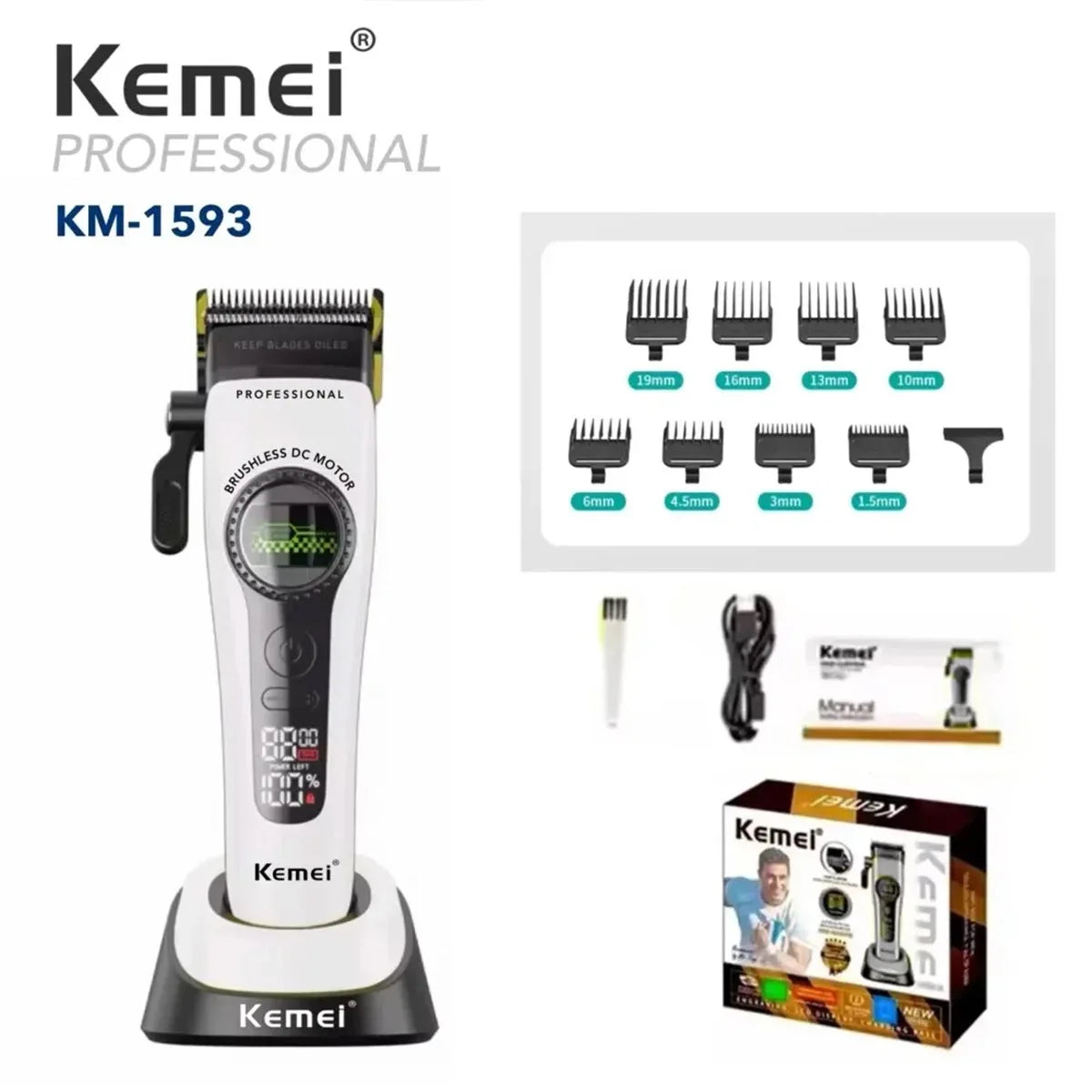 Kemei 1593 Barber Professional Hair Clipper Rechargeable Trimmer Electric Hair Cutting Machine External Rotor Brushless Motor