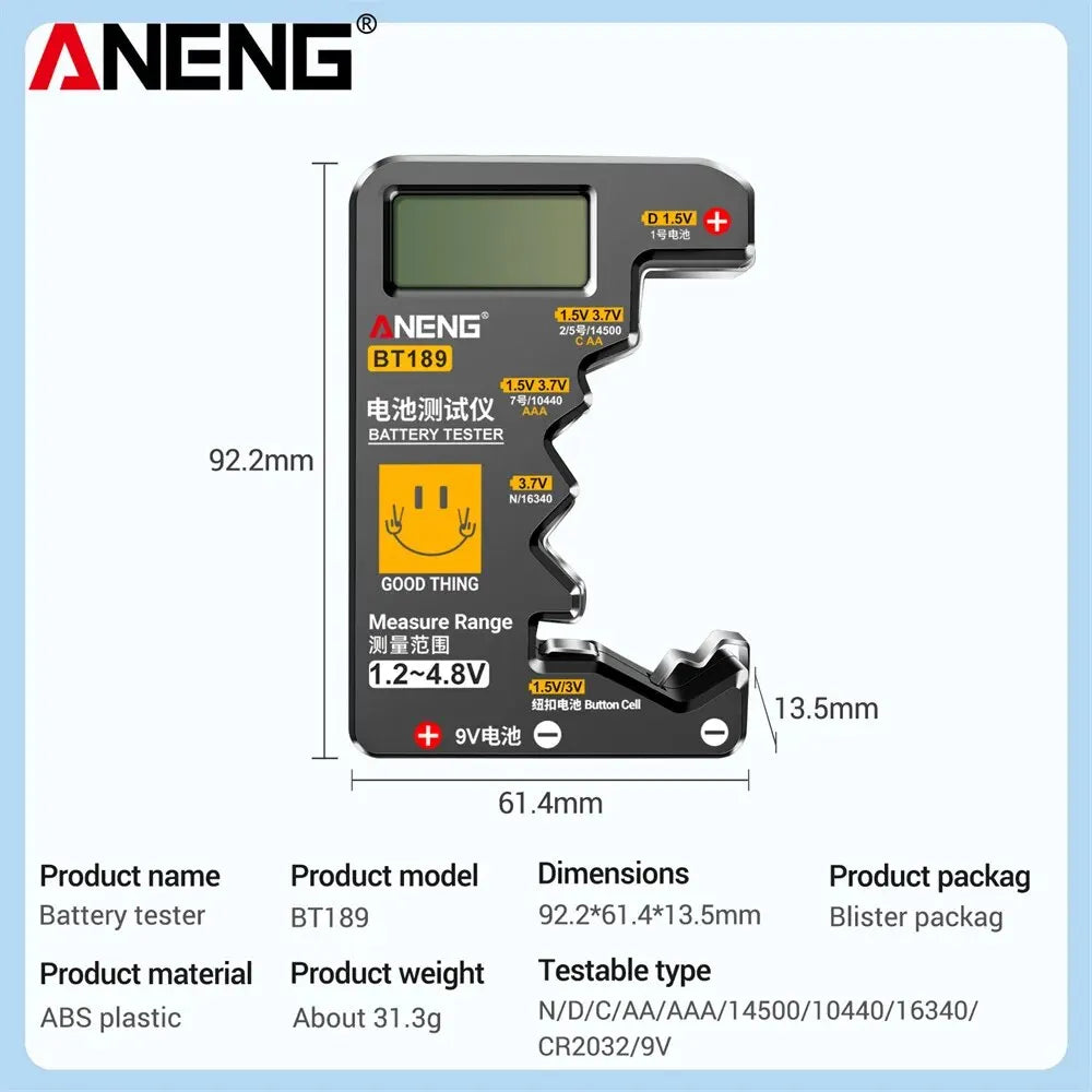 Battery Tester ANENG BT189 Digital Universal Detector Capacity Tester Display Checkered Gauge Analyzer AAA AA Button Cell Tests
