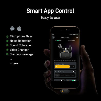 MAONO T1 Mini Wireless Lavalier Microphone for Phone AI Noise Cancelling Auto Clipping App Control Mic for Audio Video Recording