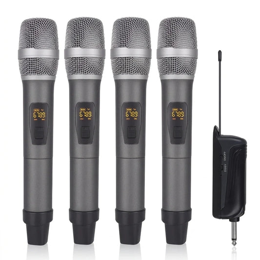 Gray wireless microphone system with rechargeable battery, 2.4GHz wireless, LCD display screen, mute and lock function, USB-C charging, including for podcasting, recording, home studio, stylish handheld design, Typec charging