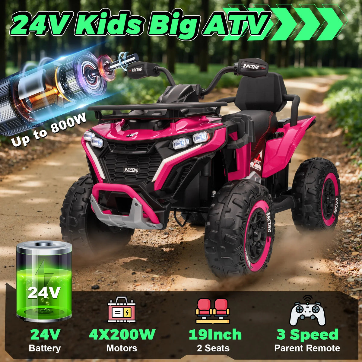 24V Ride on Car, Kids ATV XL Four Wheeler W/EVA Tires, 19-Inch Leather 2 Seater, 800W Motors, Remote Control, Knee Pads, Flower, 24 Volt Ride on Toys Quad for Big Kids