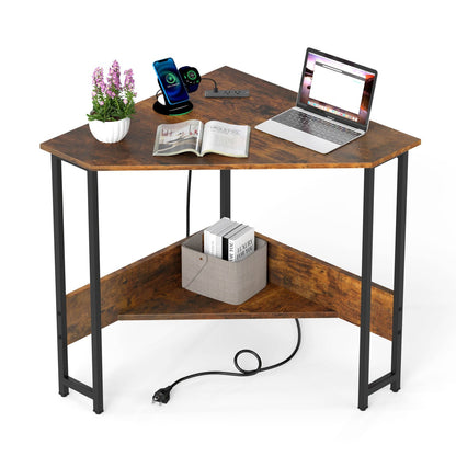Triangle Corner Desk with Charging Station - Rustic Brown