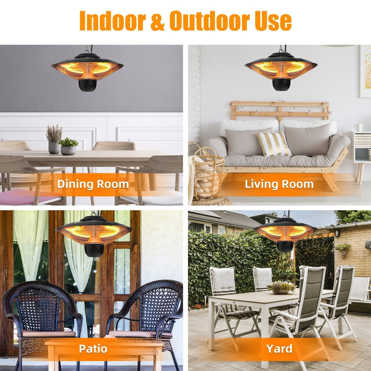 1500W Electric Hanging Patio Heater with 3 Heat Levels & Timer