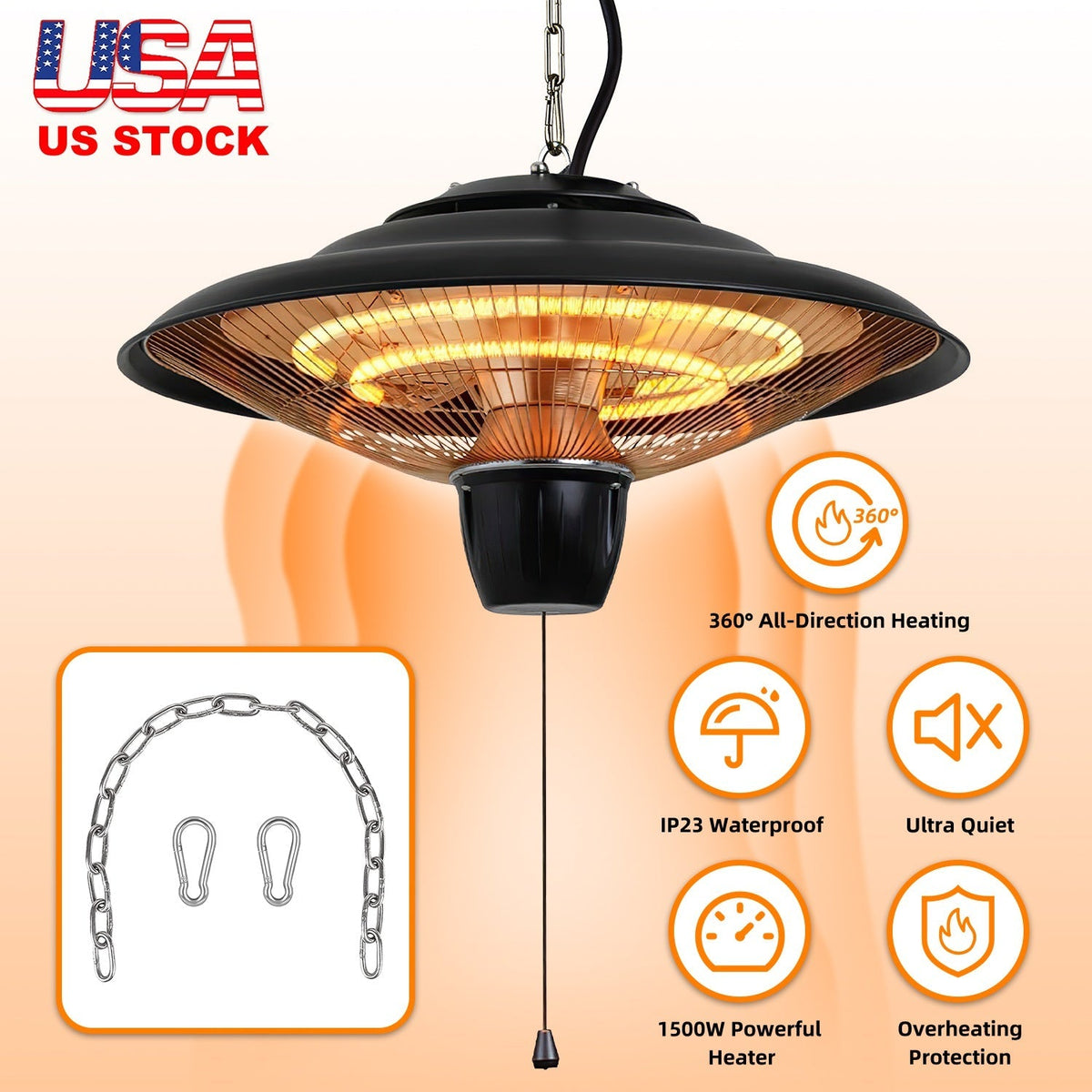 1500W Outdoor Hanging Patio Heater Ultra-Quiet Electric Heating Lamp IP23 Waterproof 2 Heating Levels Overheating Protection Ceiling Mounted Outdoor H