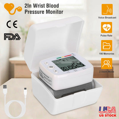 Blood Pressure Monitor Wrist Digital High Blood Pressure Cuff Heartbeat Tester w/ 90x2 Reading Memory 2In LCD Screen Storage Box