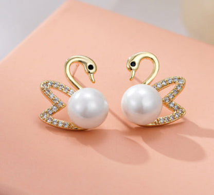 S925 silver freshwater pearl swan earrings