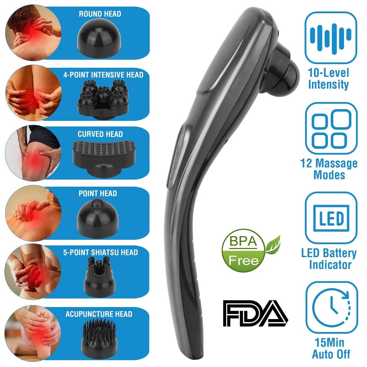 Cordless Handheld Back Massager Deep Tissue Rechargeable Electric Massager w/ 12 Modes 10 Intensity 6 Interchangeable Nodes For Muscle Foot Neck Shoul