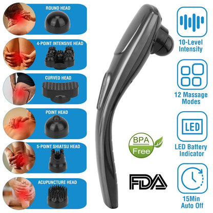 Cordless Handheld Back Massager Deep Tissue Rechargeable Electric Massager w/ 12 Modes 10 Intensity 6 Interchangeable Nodes For Muscle Foot Neck Shoul