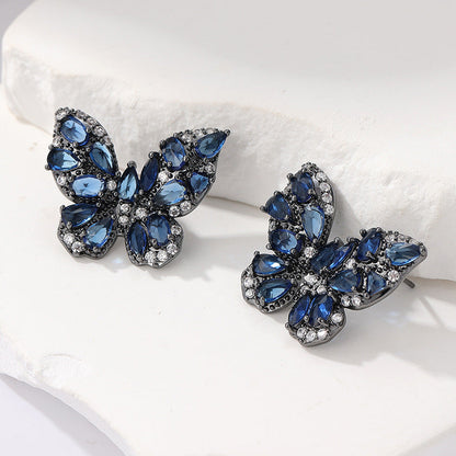 Colorful Butterfly Crystal Stud Earrings Brass Women Blue Rose Green Wedding Party Elegant Fashion Jewelry