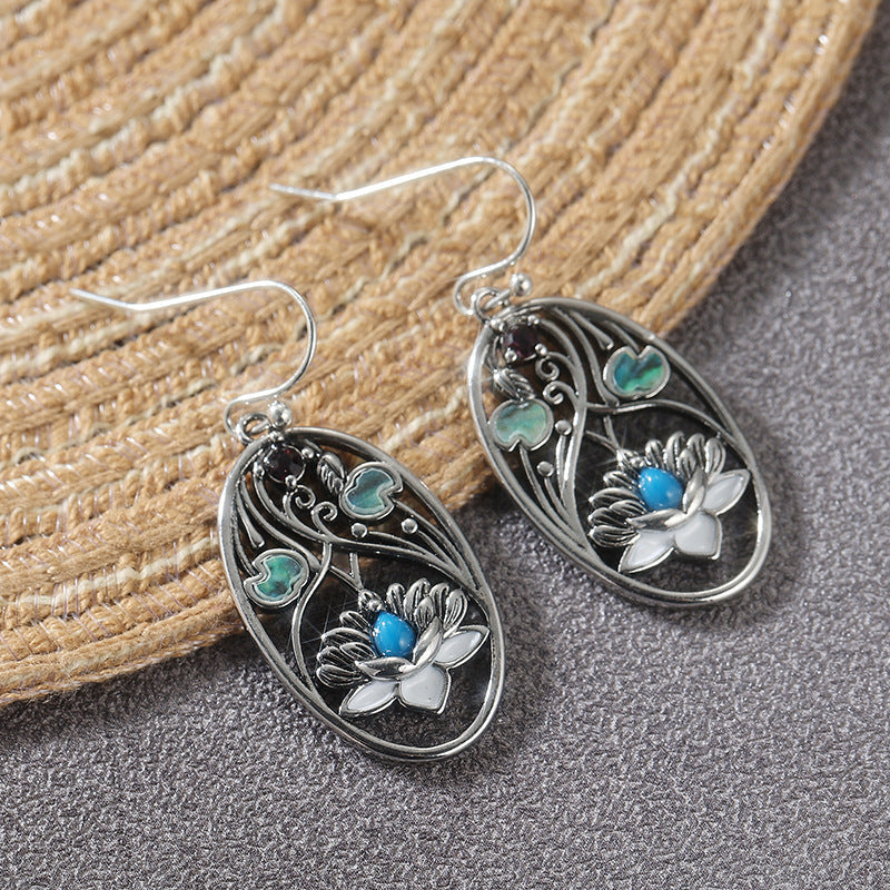 Vintage Lotus Flower Drop Earrings Silver Tone Brass Women Blue Green Boho Daily Fashion Jewelry