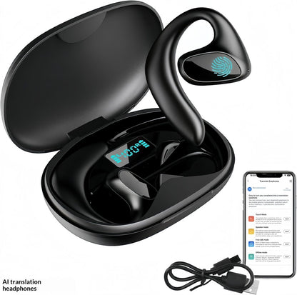 Ear-hook Wireless Translation Headphones - Long Battery Life Open-ear Bluetooth Headset with Real-time Multi-language Interpretation for Sports and Business