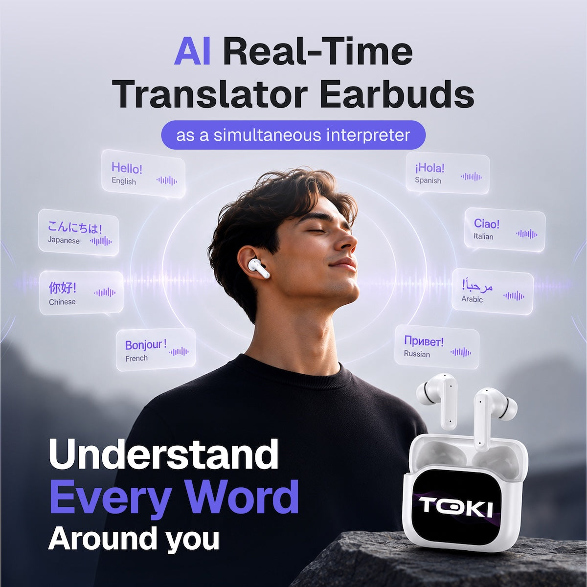 Toki Pro-5 AI Translation Earbuds With Smart LCD Charging Case
