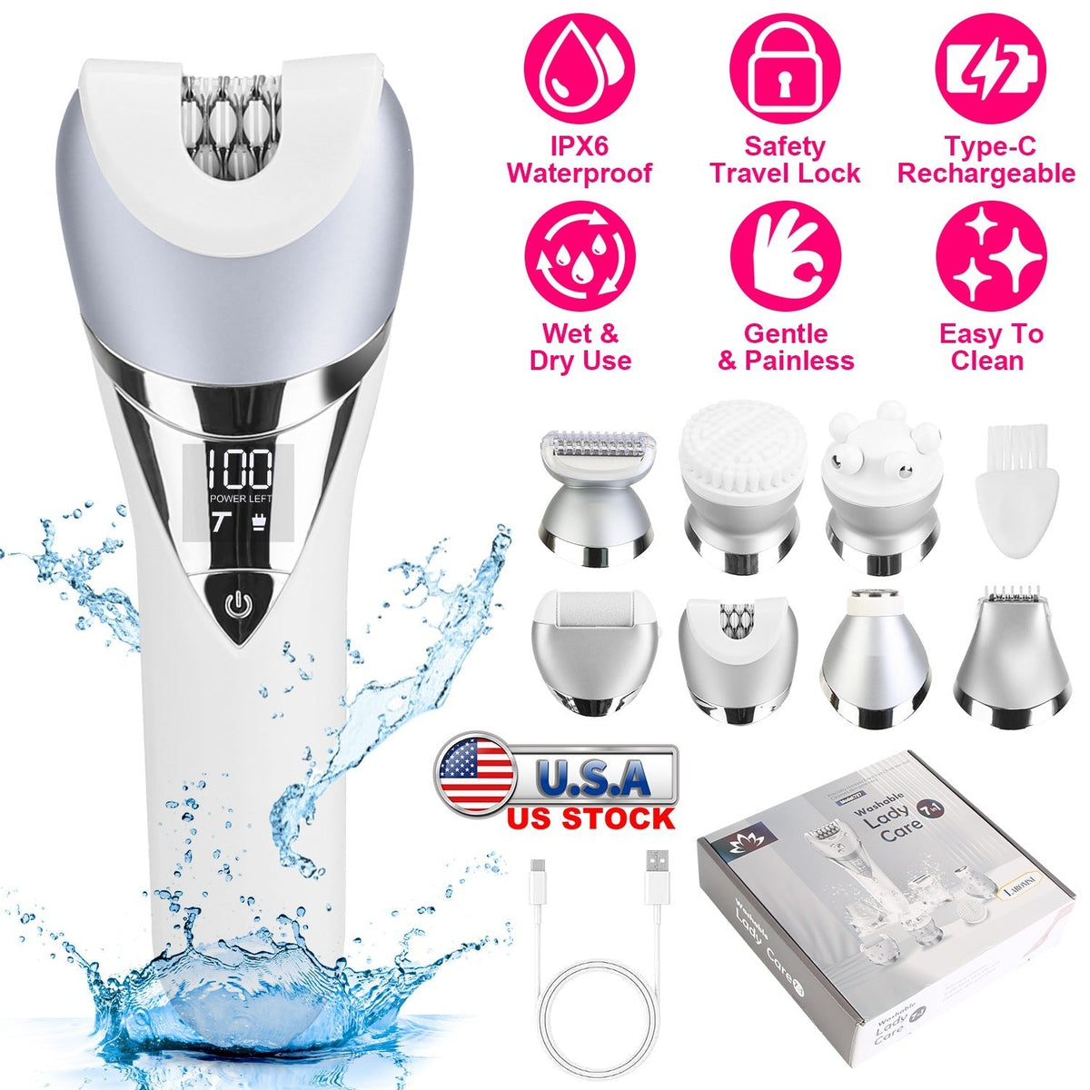 7 In 1 Electric Razor for Women Lady Hair Removal Epilators for Leg Face Arm Bikini Armpit Public Hairs IPX6 Wet and Dry Use Cordless Rechargeable Who