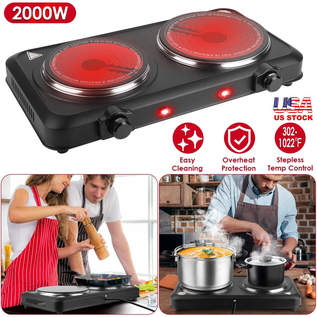 2000W Electric Infrared Dual Burner Portable Heating Hot Plate Stove Countertop RV Hotplate with 7.5Ó & 6.3Ó Glass Cooktop Stepless Temperature Adjust