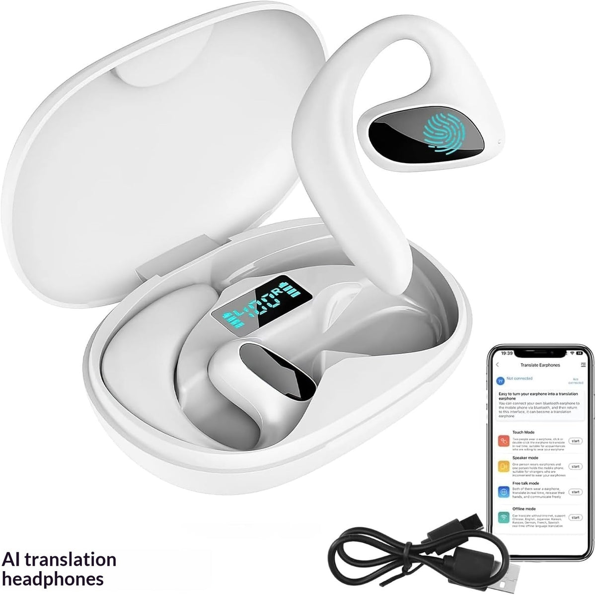 Ear-hook Wireless Translation Headphones - Long Battery Life Open-ear Bluetooth Headset with Real-time Multi-language Interpretation for Sports and Business