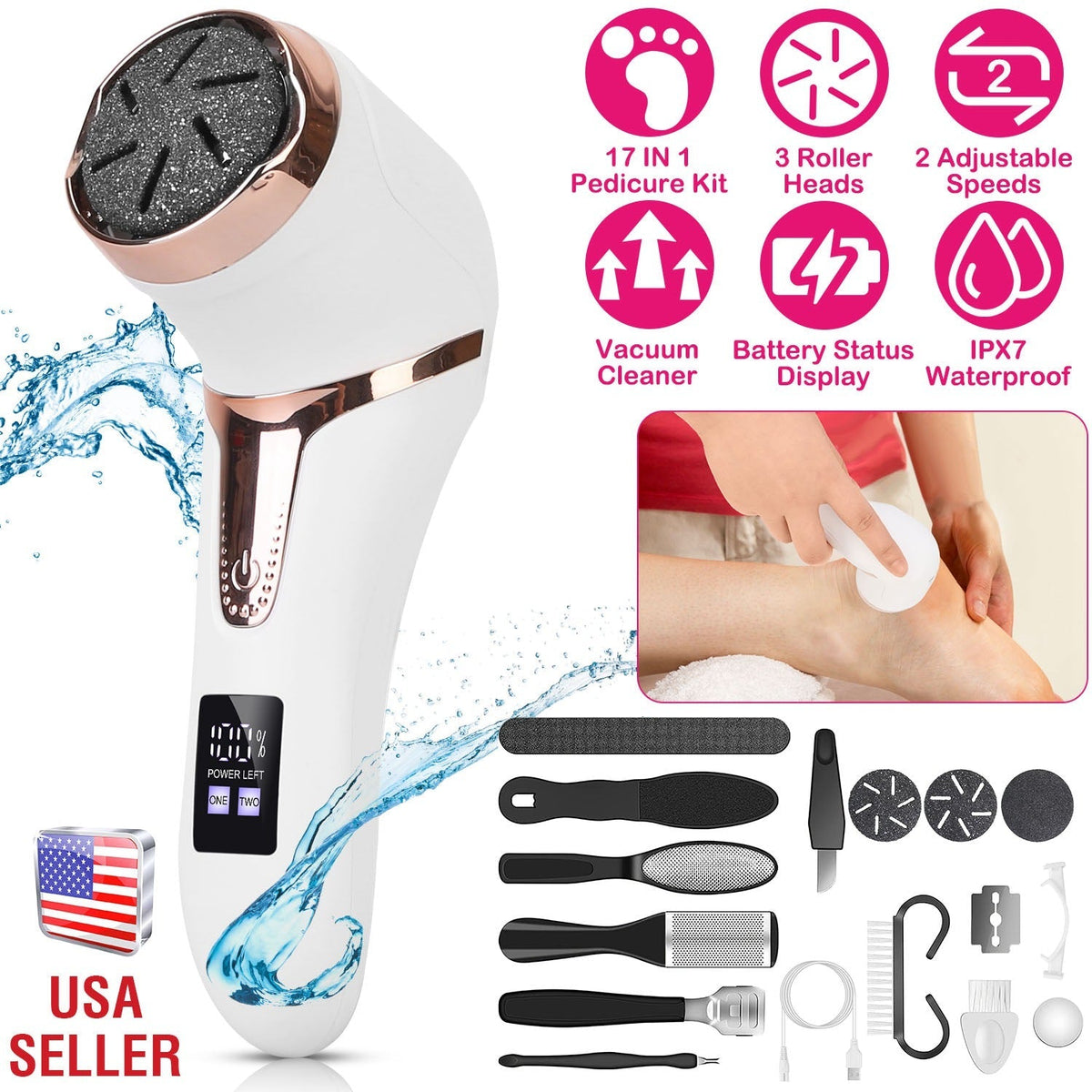 17Pcs Electric Foot Callus Remover with Vacuum Foot Grinder Rechargeable Foot File Dead Skin Pedicure Machine with 3 Grinding Heads 2 Speeds Foot Care