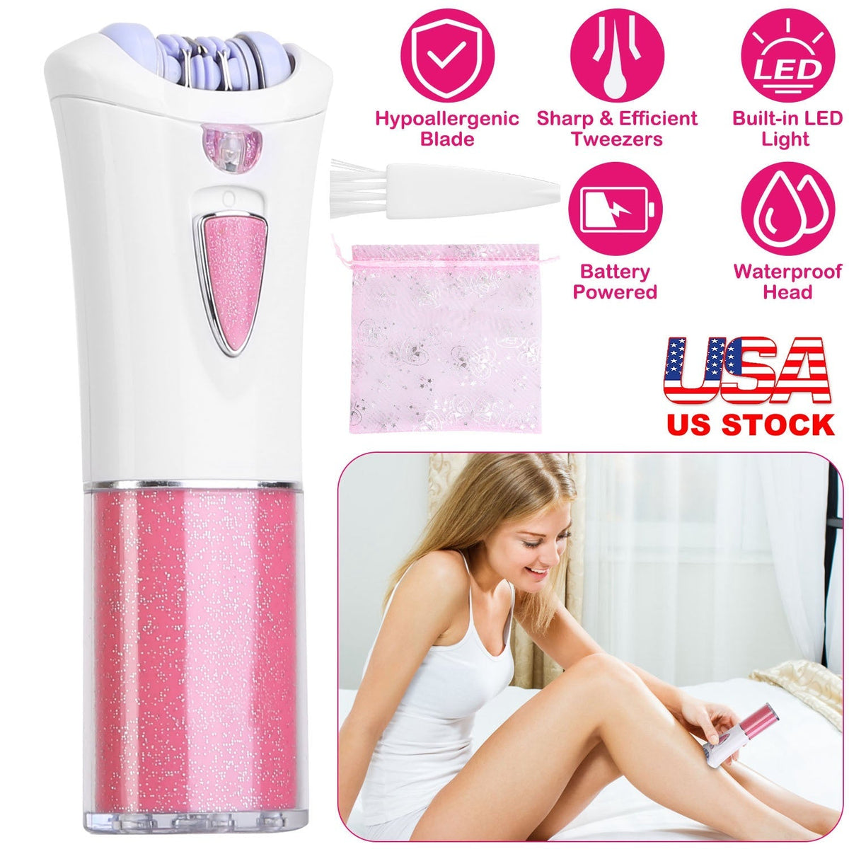 Glide Epilator For Women Cordless Women Shaver Facial Body Hair Remover Razor for Women Electric Tweezers Bikini Epilator Trimmer with LED Light