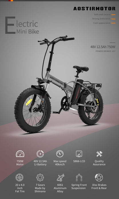 20x4.0 Inch Foldable Fat Tire Electric Bike 48V 12.5AH Extended Range Dual Disc Brakes  Fenders