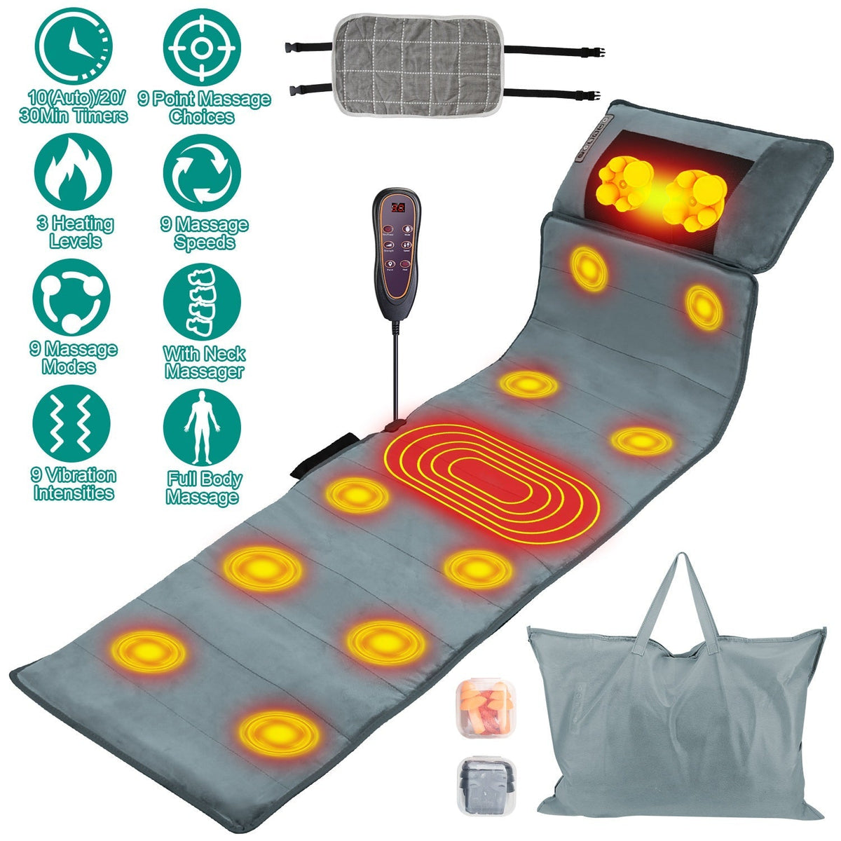 Full Body Electric Massage Mat – Heated, 10-Motor Vibration, Neck Pillow