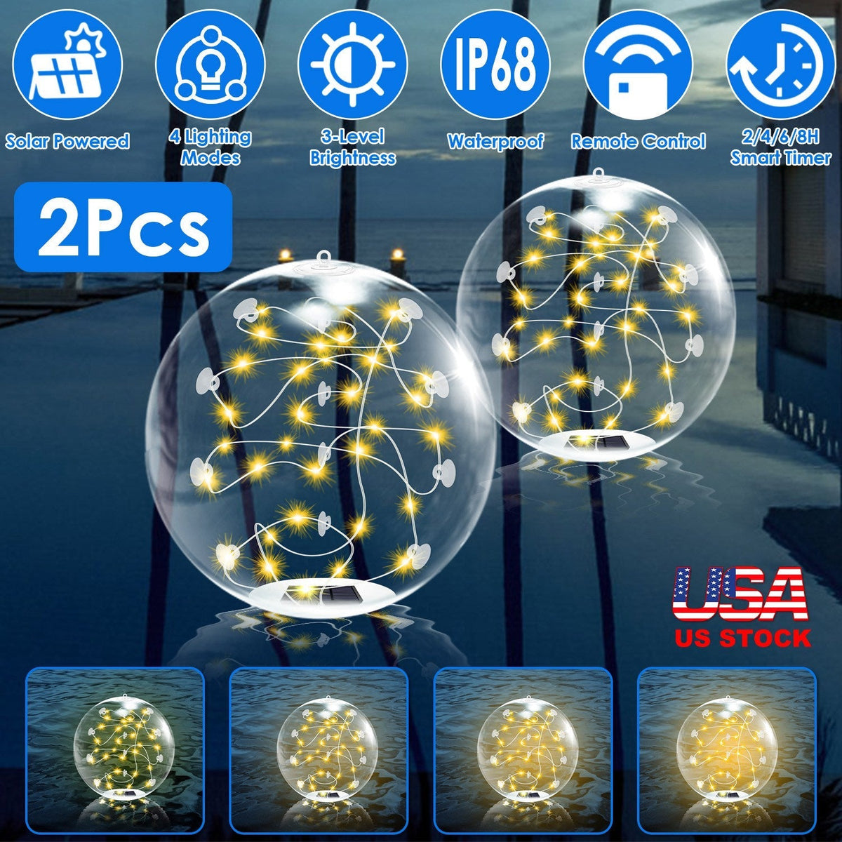 2Pcs Floating Pool Lights 14in Solar Powered Pool Balls IP68 Waterproof InflatableÊPool Decoration Lights with Remote Control 3 Light Modes Timer Adju
