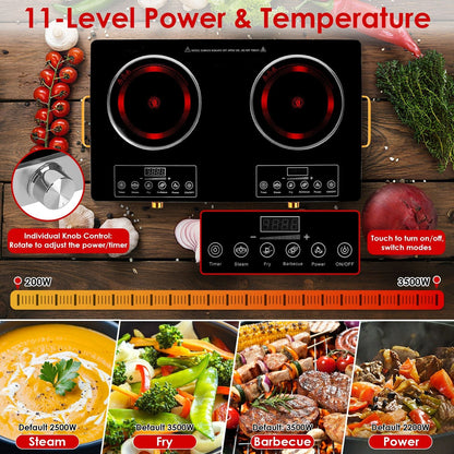 7000W Double Ceramic Electric Cooktop with 11 Power Levels & Timer