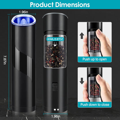 Electric Salt and Pepper Grinder Automatic Gravity Sensor Battery Powered Salt Mill LED Indicator Adjustable Coarseness One Hand Easy Operation