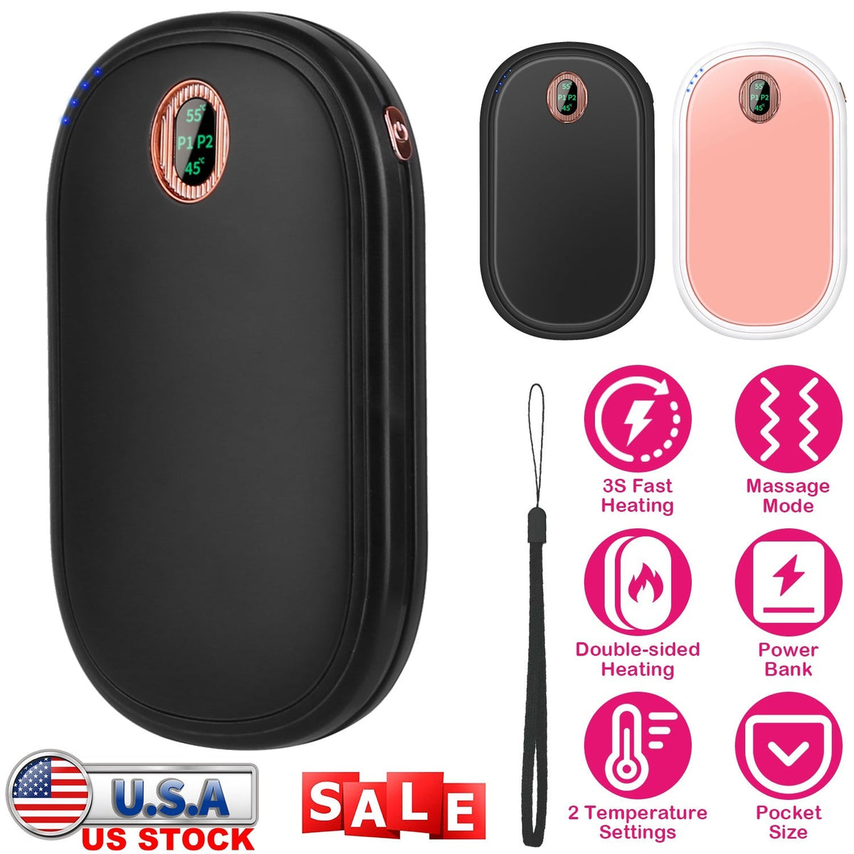 Rechargeable Hand Warmer Electric Hand Heater Portable Reusable Pocket Warmer Power Bank with Digital Display 2 Levels Double-sided Heating