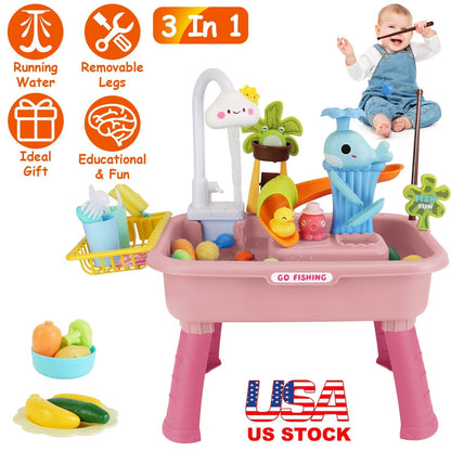 3 In 1 Kitchen Sink Toy with Electric Faucet Water Table Fishing Game Role Play Sink Set Indoor Outdoor for Kids Aged 3+ Years Old