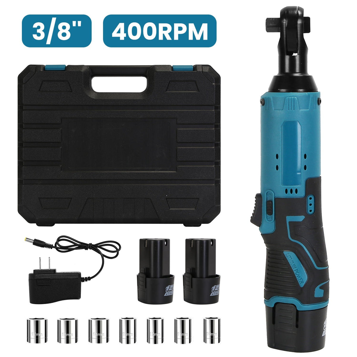 3/8Ó Cordless Electric Ratchet Wrench Set Right Angle Wrench with 2Pcs 1200mAh Batteries and Charger 7 Sockets 400RPM