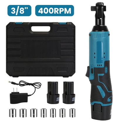 3/8Ó Cordless Electric Ratchet Wrench Set Right Angle Wrench with 2Pcs 1200mAh Batteries and Charger 7 Sockets 400RPM